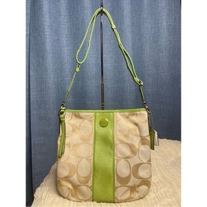 Coach Signature Monogram with Green Patten Leather Accents Crossbody Purse